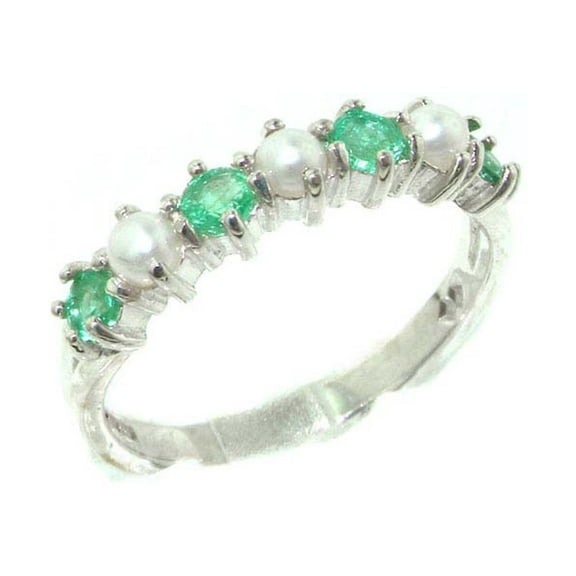 LBG British Made 10k White Gold Cultured Pearl & Emerald Womens Eternity Ring - Size 10 - 33 size options