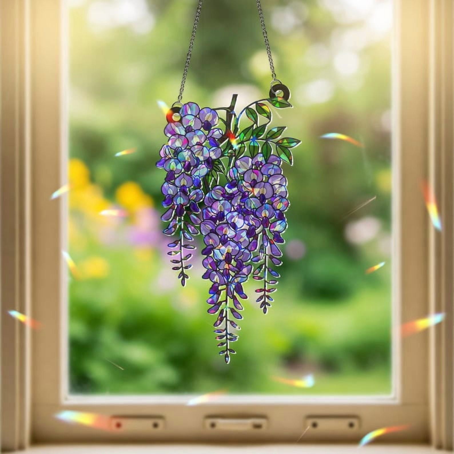 ViciArt Purple Wisteria Acrylic Suncatcher – 9" Hanging Window Decor, Stained Glass Style, Holographic Floral Ornament with Chain for Sunlight Prism Effect