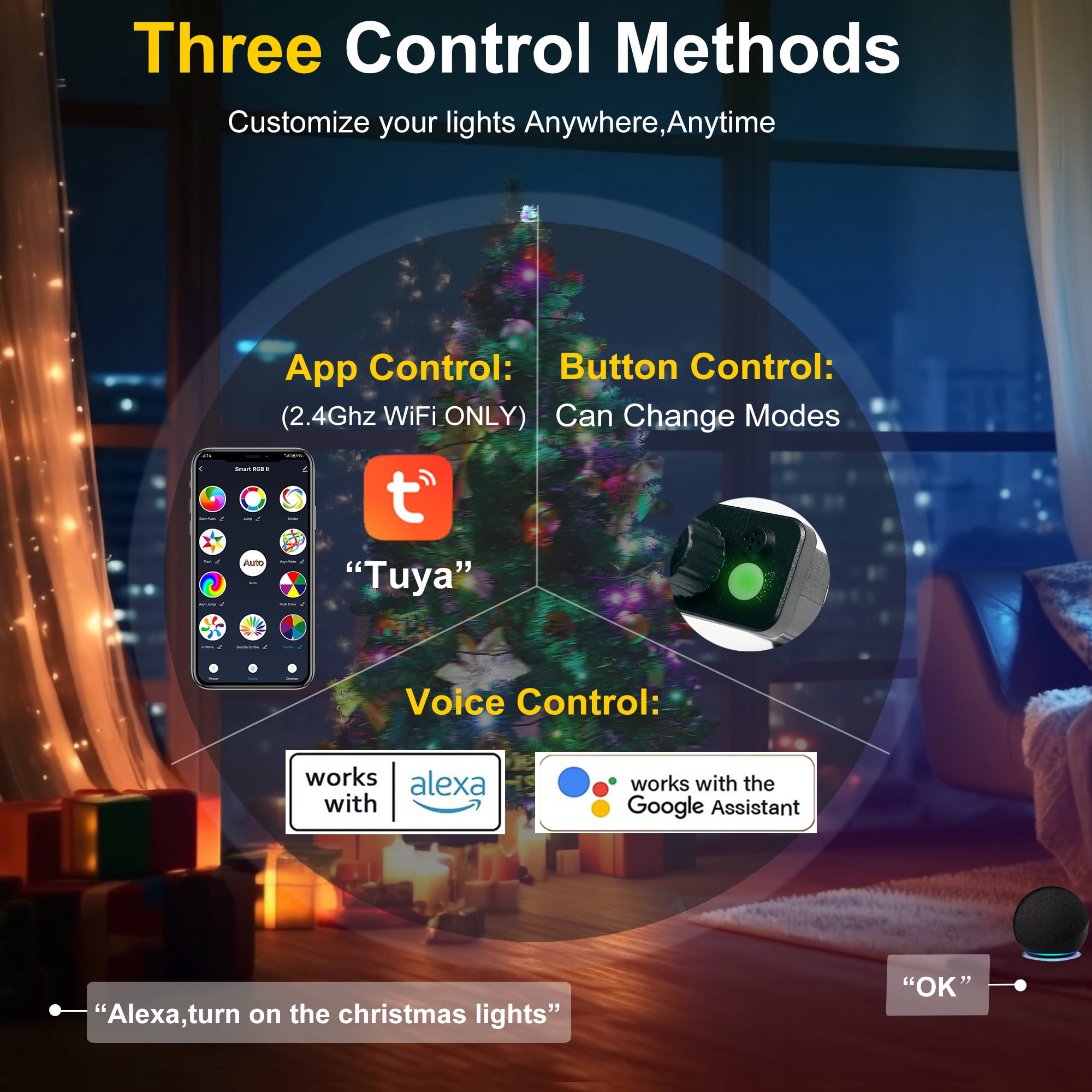 Smart Christmas Lights - 75FT 200 RGB LED String Lights Color Changing by App,Works with Google Home,Music Sync,Timer,Dimmable for Xmas Tree Home Party