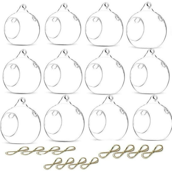 12 Pcs Hanging Glass Tealight Holders, 3.15"/8cm Led Light Candleholders Mini Home Decor Planters, Glass Containers, Small Plant Terrarium Globes for Bar Garden Wedding Party Decoration