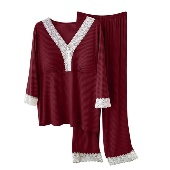 Loungewear Outfits for Women 2 Piece Modal Cotton Sleepwear Pant Sets Lace Trim Long Sleeve Pajama Top and Pj Bottom (XL, Red)