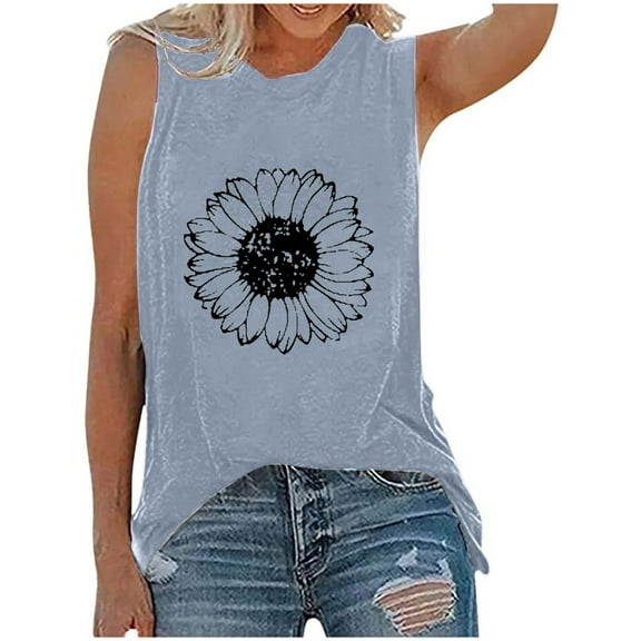 Weiqiqre Oversized Tshirts for Women Flower Print Crewneck Tank Tops Graphic Curved Hem Sleeveless Tops Summer Casual Loose Fit Shirts