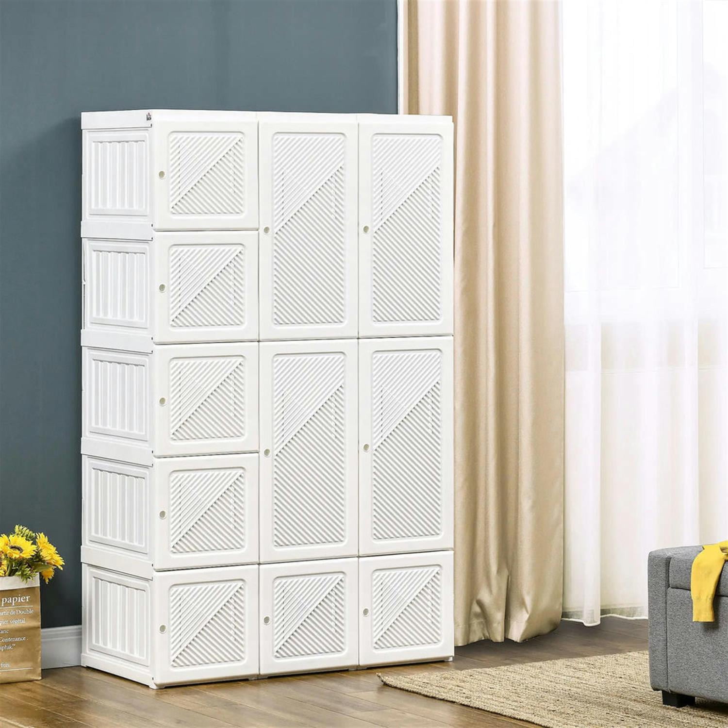 Demi Bonn Portable Floor Cabinet, Folding Bedroom Armoire with 8 Cube Compartments, 2 Hanging Rods and 11 Magnet Doors, Freestanding Clothes Storage Unit, White
