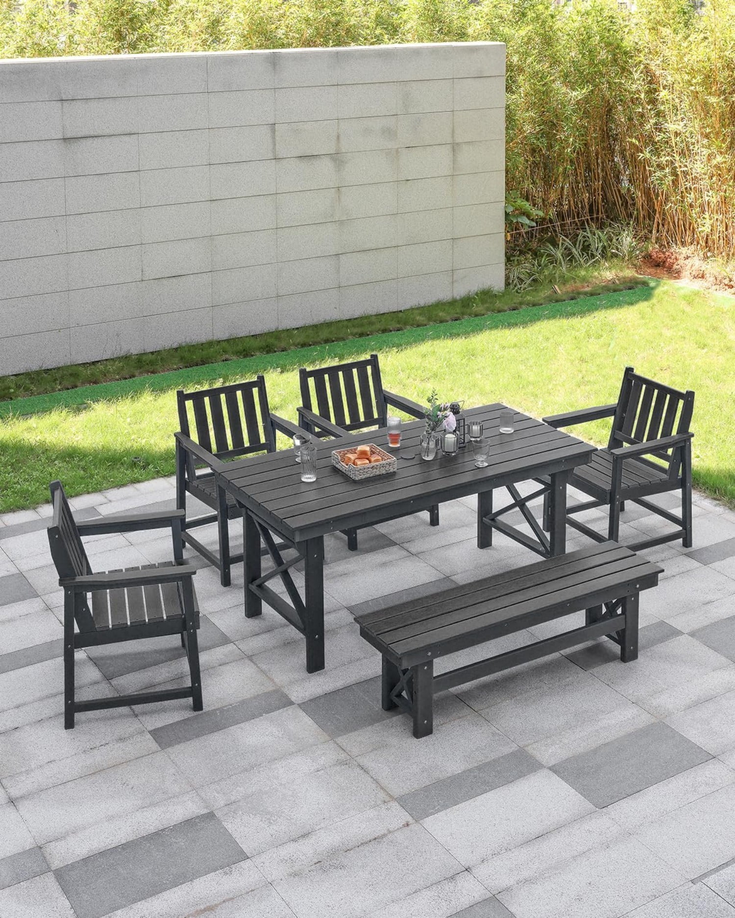 HDPE Outdoor Dining Table for 6, 66.9" Rectangle Patio Dining Table with 2.2" Umbrella Hole, All Weather HDPE Outdoor Table for Backyard, Deck, Garden, Poolside, Pearl