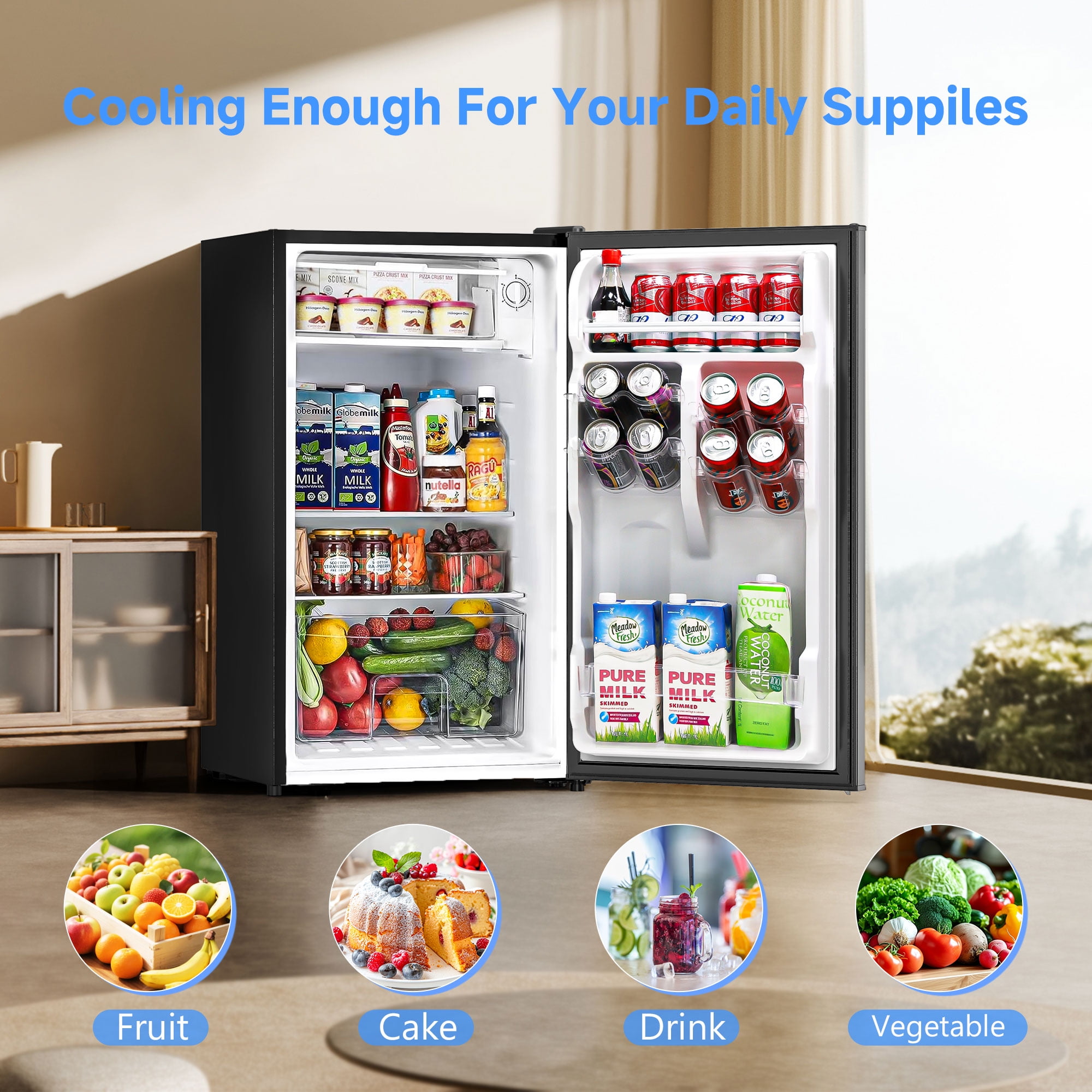 Aootek 3.2Cu.ft One Door Mini Fridge， Compact Refrigerator with Freezer, Reversible Door Mini Fridge, 5 Level Adjustable Thermostat for Dorm, Office, Bedroom, Apartment, Black