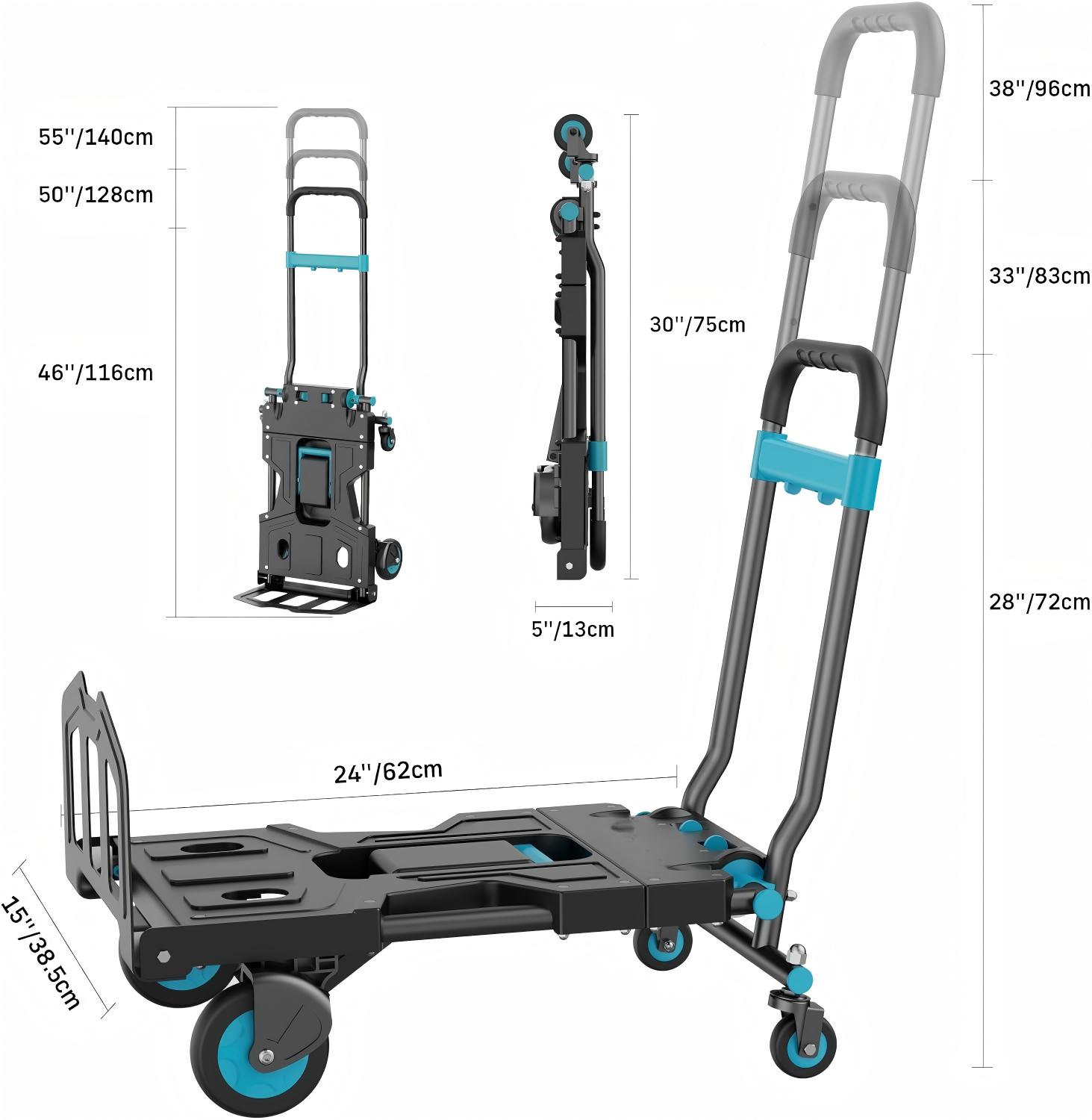Foldable Dolly Cart with Wheels, 330 lbs Max Capacity Portable Hand Cart, 2-in-1 Heavy Duty Folding Hand Truck with Adjustable Retractable Handle for Moving,Delivery, Shopping, Office,Travel Use