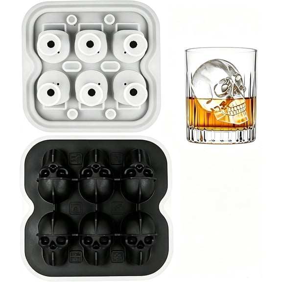 Skull Ice Cube Tray, 6-Cavity Silicone Ice Mold, Easy Release Reusable Ice Maker for Whiskey Cocktails Cold Drinks Home Bar Kitchen(Q)