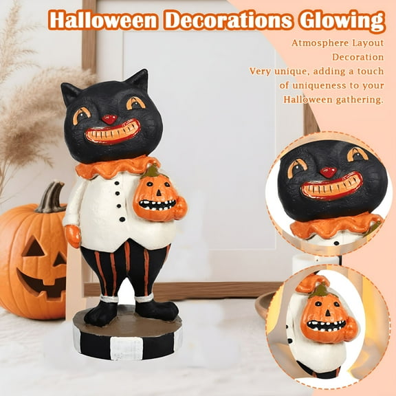 LAMIRO Halloween Decor Black Cat Holding Jack-O'-Lantern Smiling Cat&Pumpkin Plastic Figurine Vintage Halloween Decoration