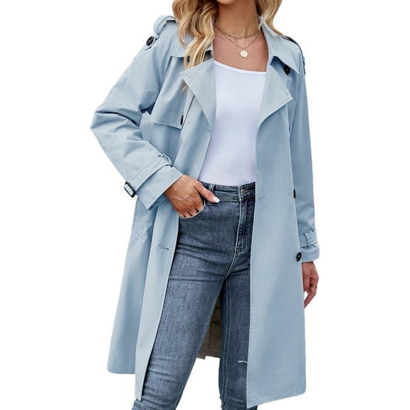 Double Breasted Spring Fall Women Solid Color Lapel Long Casual Trench Coat