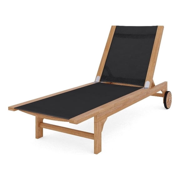 Pemberly Row Traditional Teak Outdoor Reclining Sunlounger in Black with Wheels