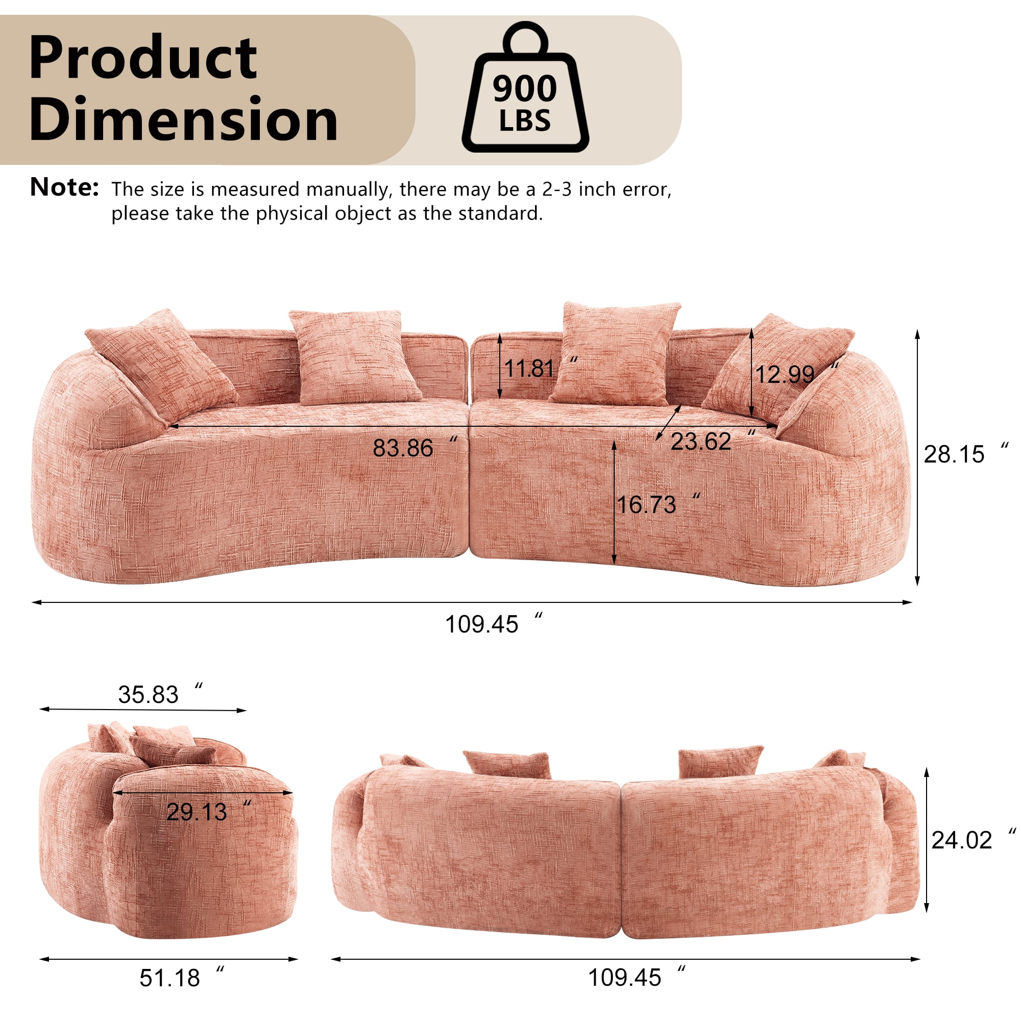 Curved Sofa, Pink Compressed Chenille Sectional with Soft Fabric and Foam Spring Support, Modern 109-Inch Multi-Seater for Apartment Living Room