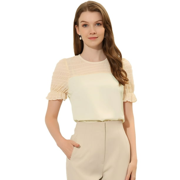 Camisa de manga corta Allegra K con Cuello Redondo y encaje Beige XS