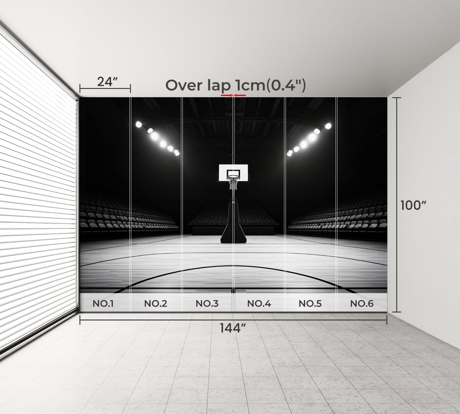 100"x144" Wall Mural Peel and Stick Wallpaper Black White Basketball Court Empty Wooden Floor Spotlights Wall Decor Self Adhesive Removable Wall Stickers for Bedroom Living Room