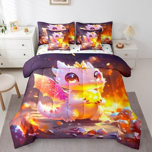 Erosebridal Kawaii Dragon Bedding Sets Twin Size, Magic Animal Comforter Sets with Sheets, Glitter Ball Reversible Bed Set, Microfiber Room Decorative, 7pcs