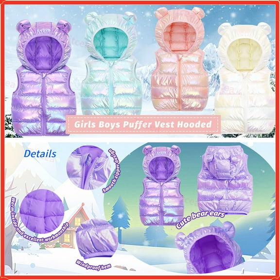 Titcea Kids PufferJacket, Girls Boys Puffer Vest Hooded Warm Outerwear with Zipper, Lightweight Sleeveless Outfit for 1-6 Years