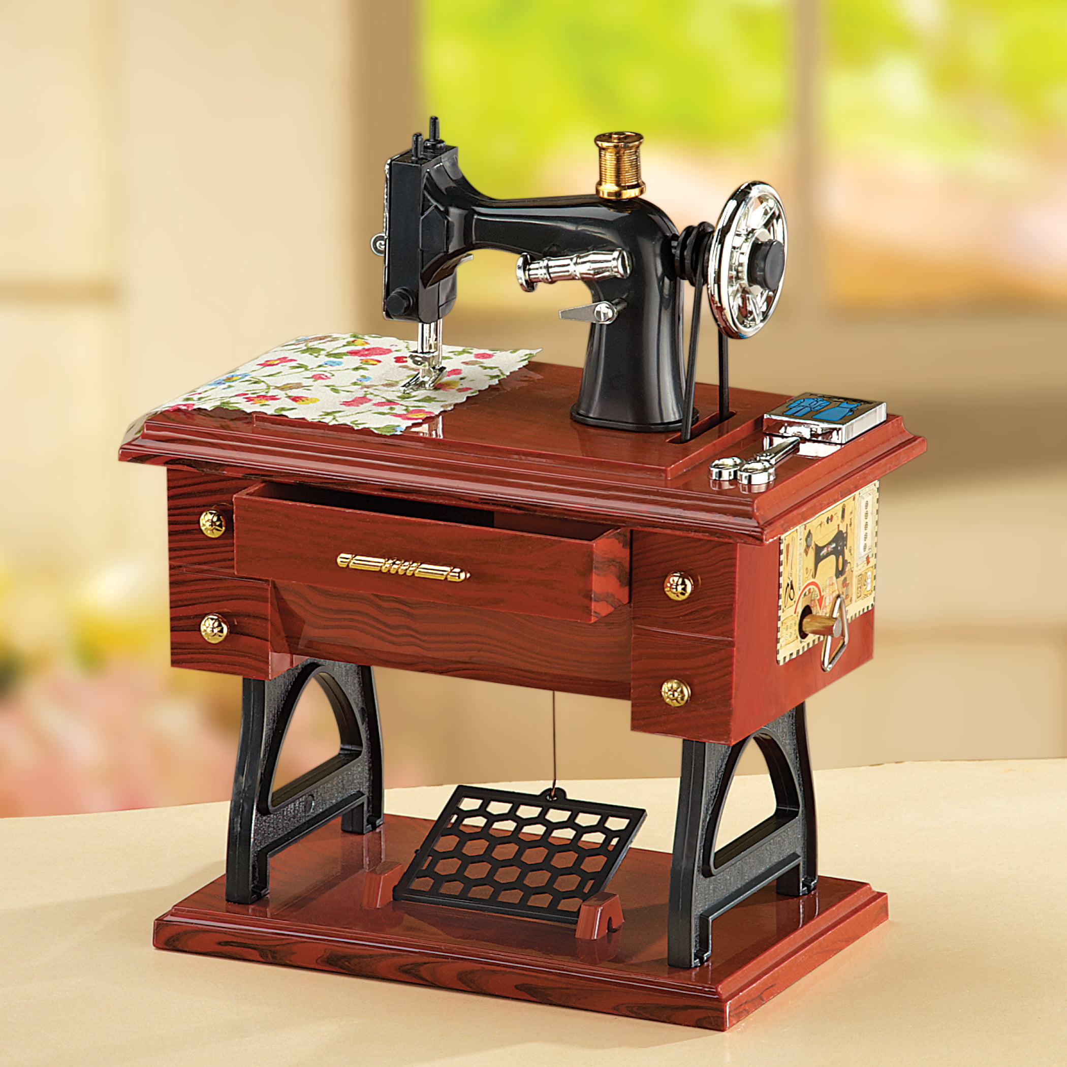 Collections Etc Animated Antique Sewing Machine Tabletop Music Box Complete  with Fabric, Scissors, and Treadle Pedal - Plays Fur Elise 