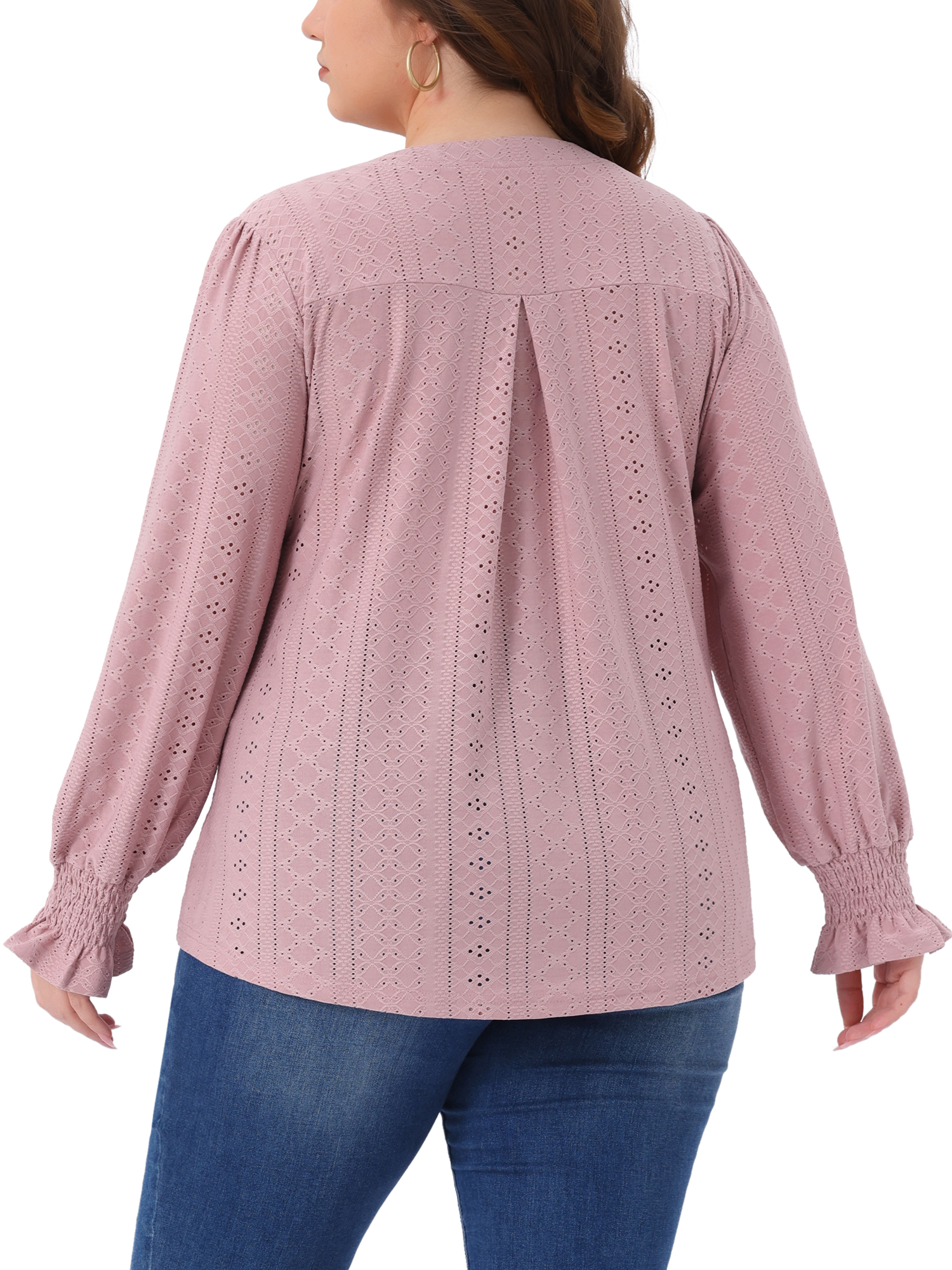DARING DIVA Women's Plus Notched V Neck Eyelet Smocked Shirts Blouses 4X Gray Pink