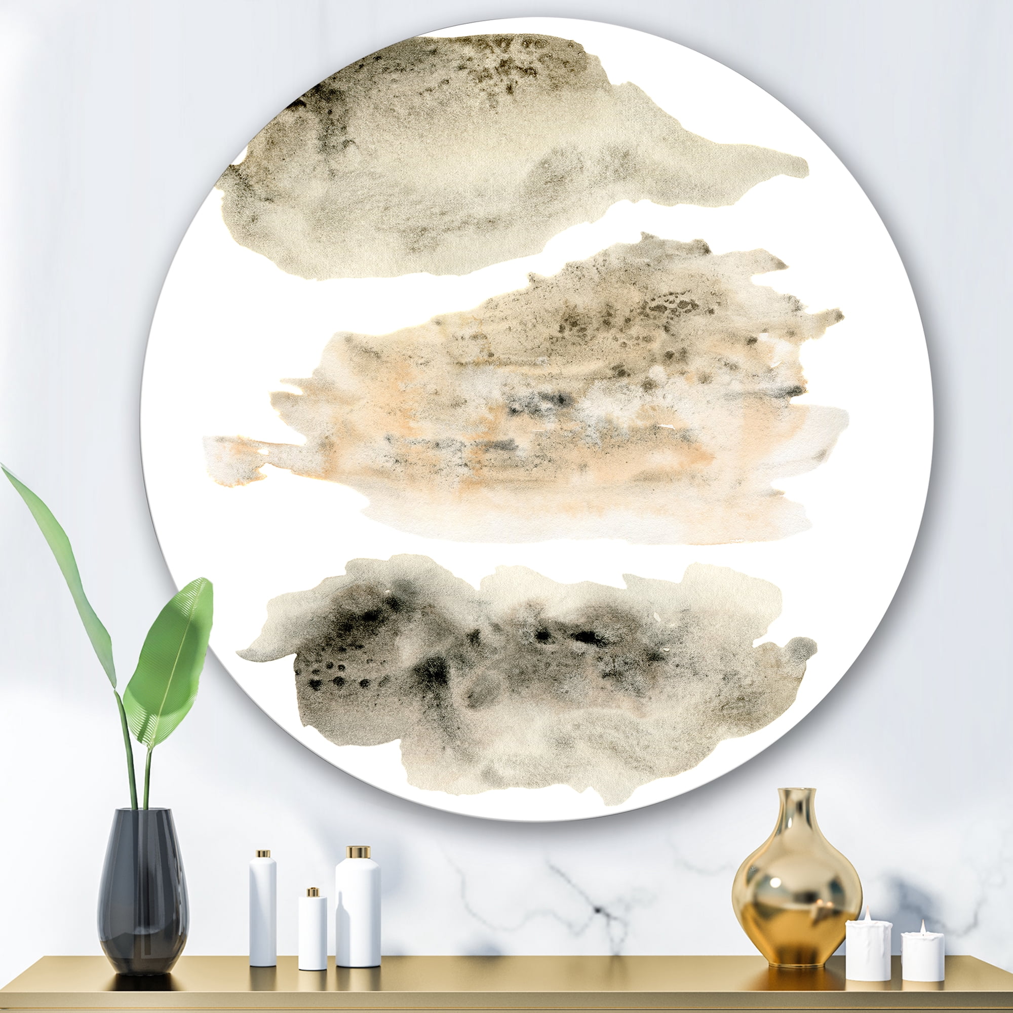 Designart 'Golden Beige and Grey Clouds I' Modern Circle Metal Wall Art 29x29 - Disc of 29