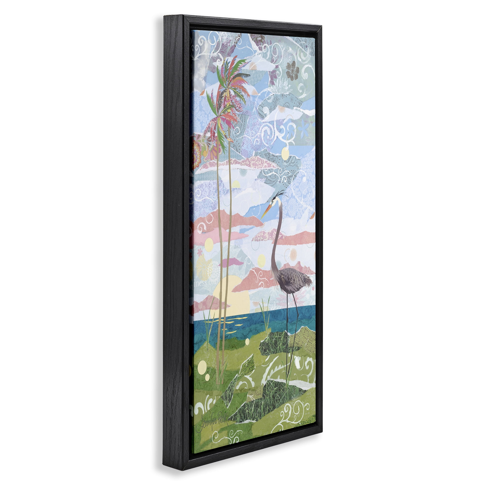 Stupell Industries Crane & Swirled Landscape Landscape Painting Black Floater Framed Canvas Art Print Wall Art, 15 x 31