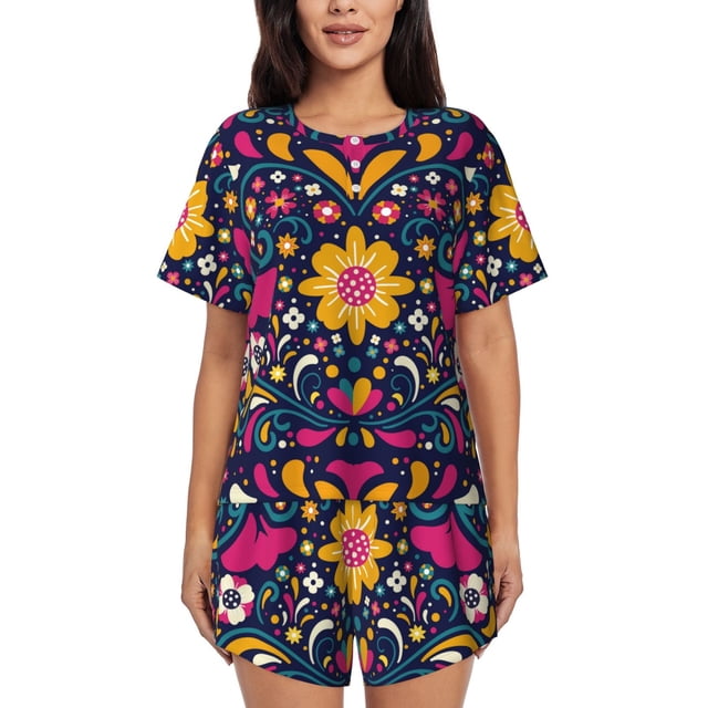 Fotbe Cinco De Mayo Floral Conjunto de Pijama Estampado para Mujer, 2 Piezas, Ropa de Dormir con Camiseta de Manga Corta y Shorts Suaves-X-Large