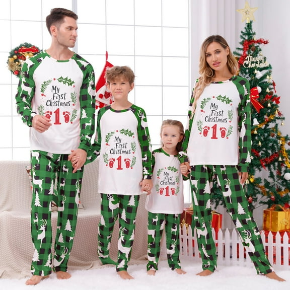 Odeerbi Christmas Pajamas for Family Holiday Long Sleeve Family Christmas Pajamas Matching Sets Dad Parent Child Printed Loungewear Set Two-Piece Sleepwear Xmas PJs Set Green