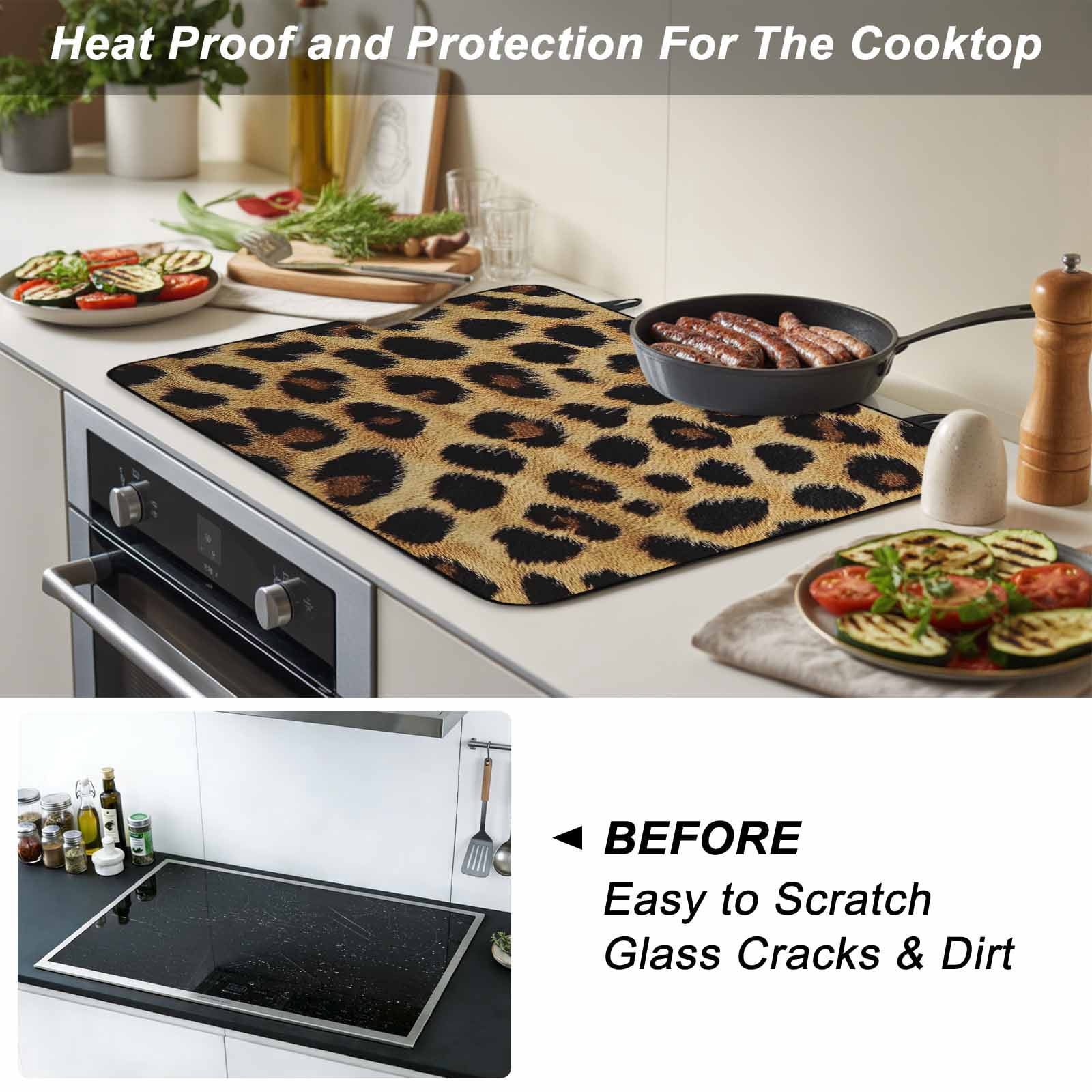 Leopard Print Stove Top Cover for Electric Stove, Heat-proof & Non Slip Glass Top Stove Cover Protector, Brown Yellow Retro Animal Fur Pattern Kitchen Flat Cooktop Rubber Mat 24x21 Inches