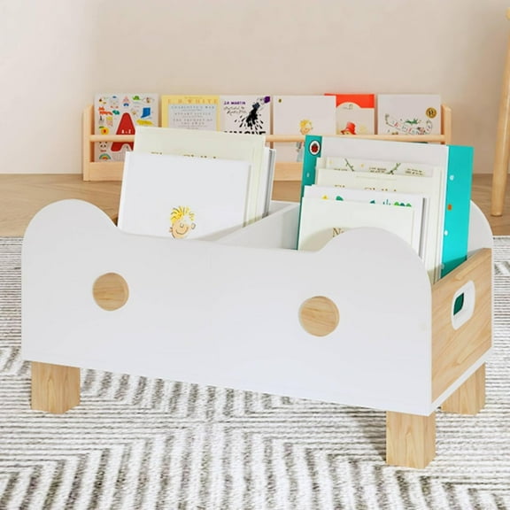 Kids Bookshelf for Toddlers, Wooden Book Shelf for Kids Rooms, Cute Book Caddy with Dividers, Floor Book Rack, Kids Bookcase for Playroom, Nursery, White and Natural