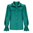 thumbnail image 6 of Womens Satin Blouses Lapel Collar Button Down Long Lantern Sleeve Silk Shirt Slim Fit Dressy Tops Business Work Shirts, 6 of 8