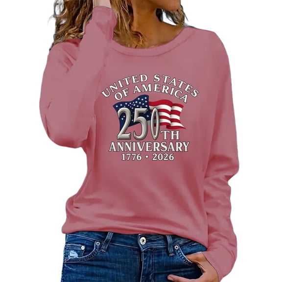 MEICHEN Women's Long Sleeved T Shirt American Flag 250th Anniversary Sweathirt Graphic Tee Round Neck Daily Casual Top