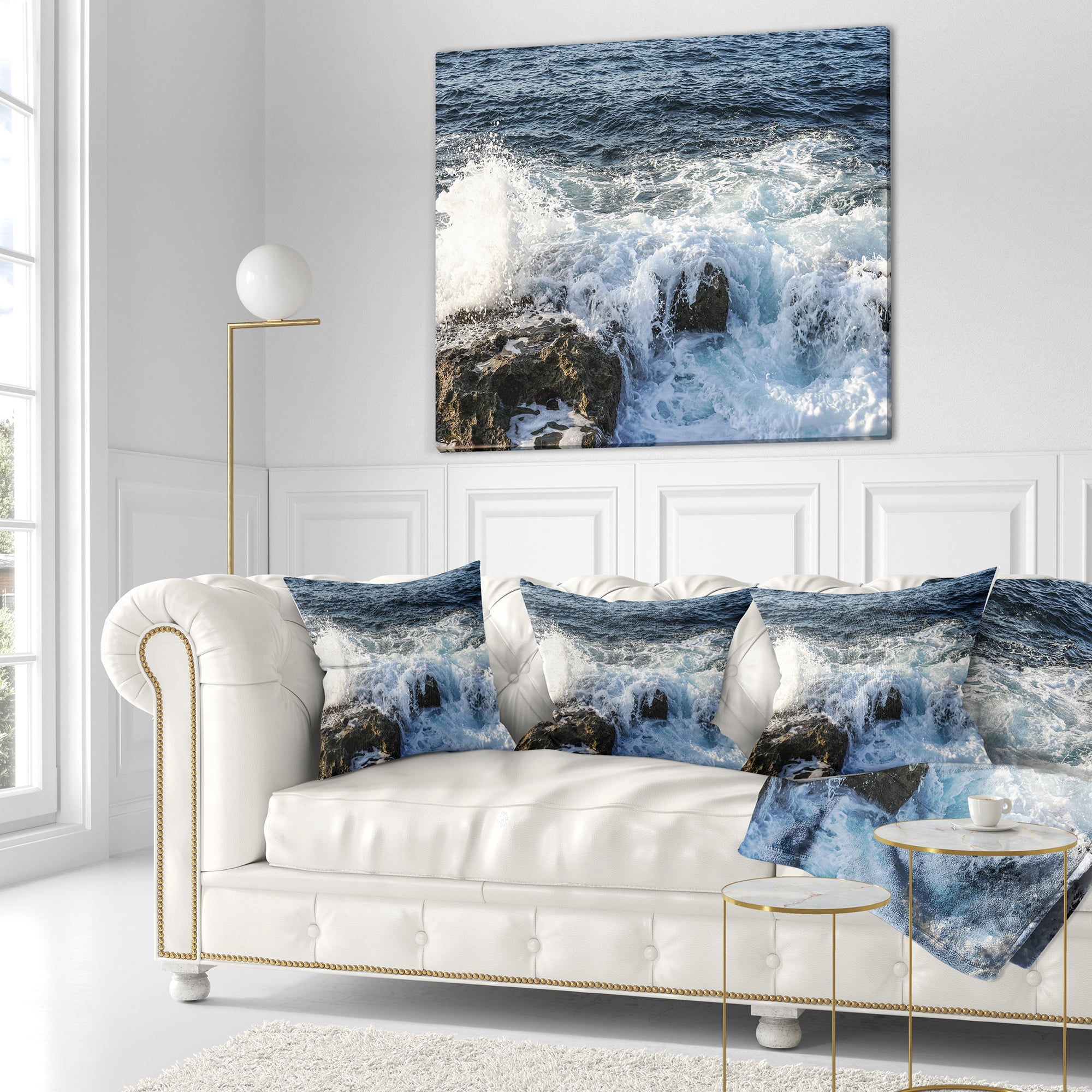 Designart Waves Breaking on Stony Beach - Seashore Throw Pillow - 18x18