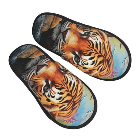 

KLL Colorful Plant Tiger Slippers for Women Men House Slip on Indoor Outdoor Bedroom Furry Fleece Lined Ladies Comfy Anti-Skid Rubber Hard Sole-Large