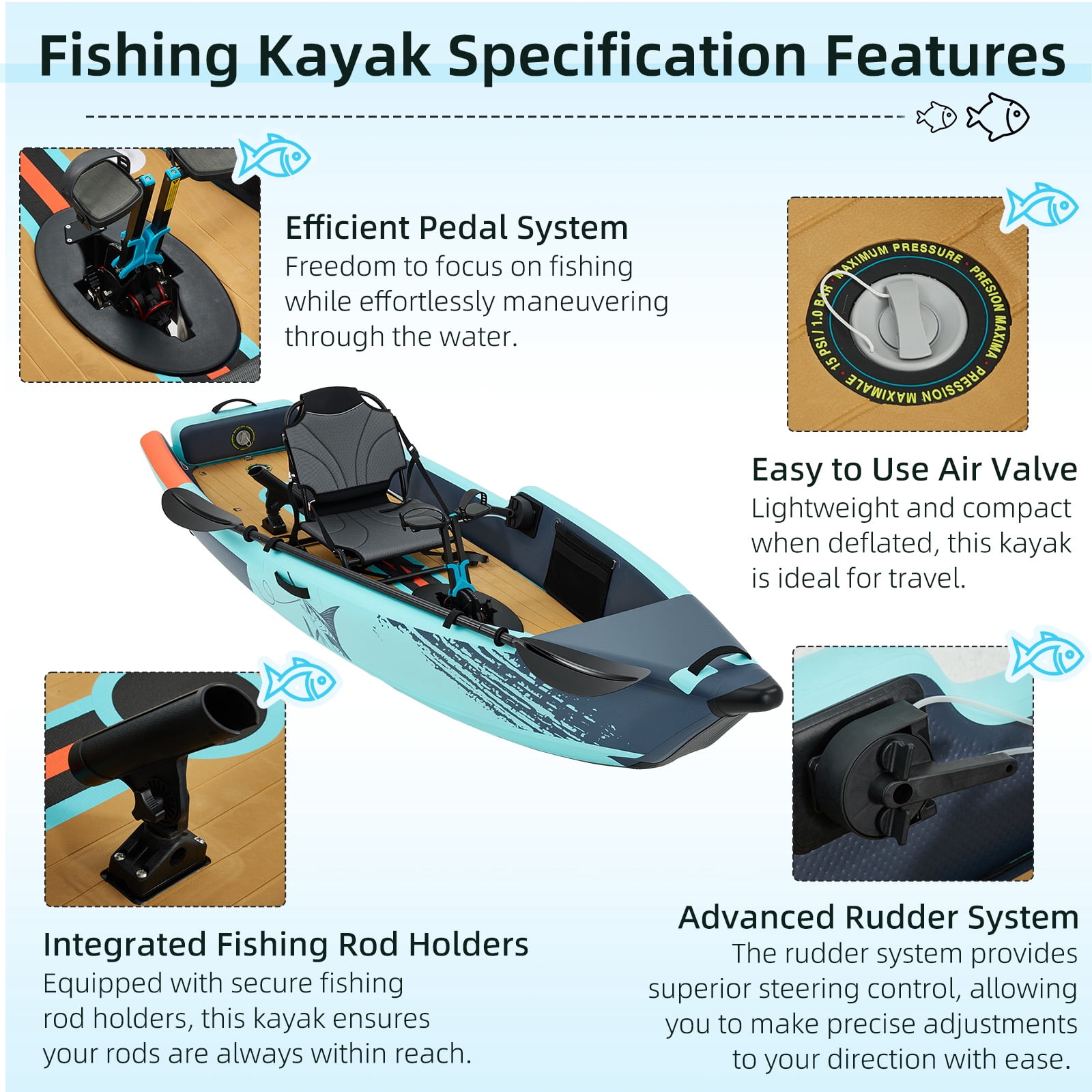 Bezliving 12ft Inflatable Kayak with Pedal System, Lightweight & Portable with Aluminum Seat, Rudder System, and Accessories Included, Blue