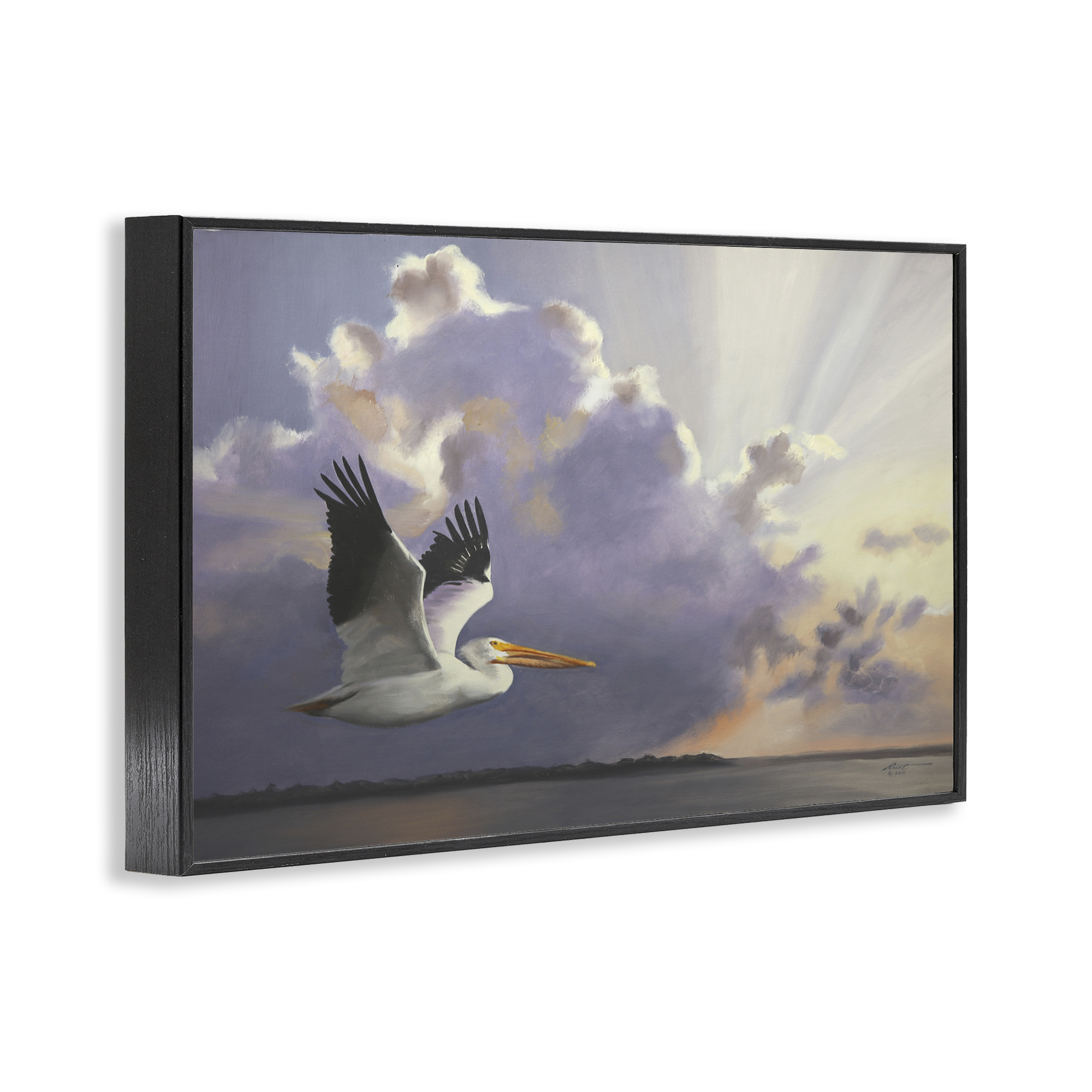 Stupell Industries Dawn Sunrise Pelican Landscape Painting Black Framed Art Print Wall Art, 18 x 12