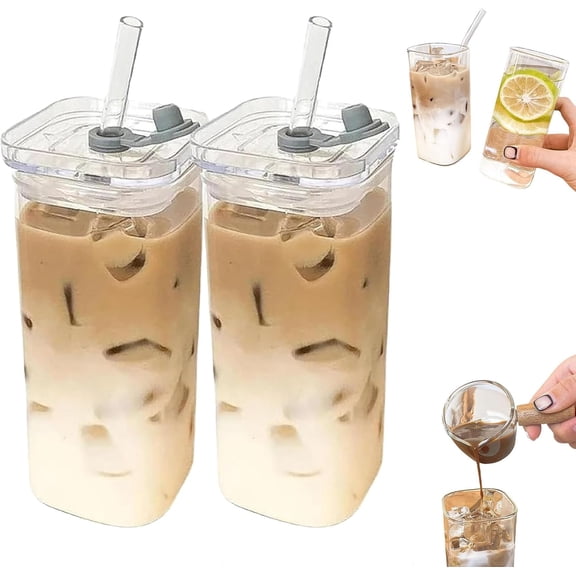 Square Glass Cups with Lids and Straws, 12 oz Square Glass Tumblers
