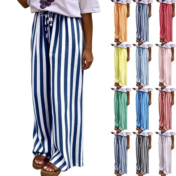 IYYVV Womens Summer Casual Striped Pants Loose Wide Leg Lounge Pants Elastic Waist Palazzo Trousers with Pockets Vermilion XL
