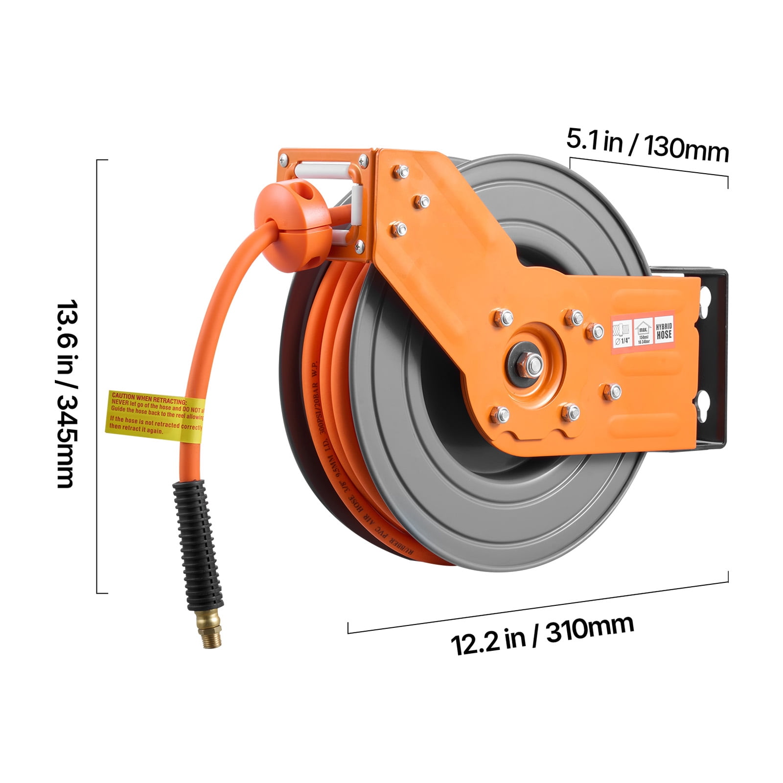 KFFKFF Retractable Air Hose Reel, 3/8 Inch x 50 FT Hybrid Hose, 300 PSI Capacity, Auto Rewind with 5 ft Lead-In, 180° Swivel Mount for Garage and Workshop Use