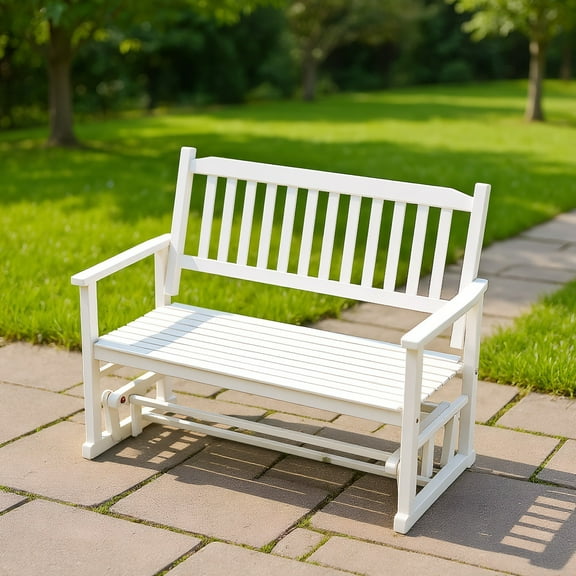 Kadyn Rocking Chairs Outdoor, 2 Seats Outdoor Glider Bench with Armrests and Slatted Seat-White, Patio Rocking Chairs