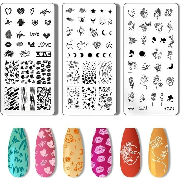 1 Set 3pcs Nail Art Template Nail Stamping Plate DIY Stamping Nail Template Star Love Nail Stamping Plate Stainless Steel Nail Image Plates for Women DIY Manicure Design 12x6cm