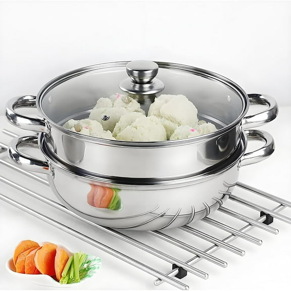Multipurpose 11-Inch 2-Tier Stainless Steel Steamer Pot with Lid for Cooking Vegetables, Dumplings, Stocks, Sauces, Food Cooker Pot Dim Sum Cookware Steamer