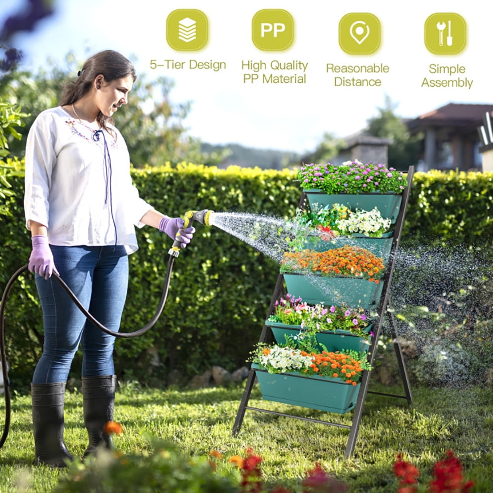 Resenkos Raised Planter Boxes, Large Space Elevated Flower Beds,5-tier Vertical Garden Planter Box Elevated Raised Bed with 5 Container-Green
