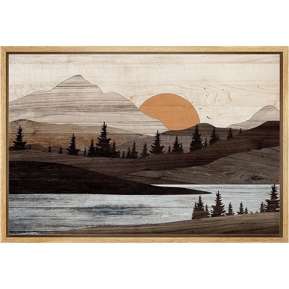 PixonSign Framed Canvas Print Wall Art Sunset Mountain Range River Nature Wilderness Digital Art Wood Panel Landscape Farmhouse/Country Relax/Calm/Cozy Geometric Abstract - 24"x36" Natural