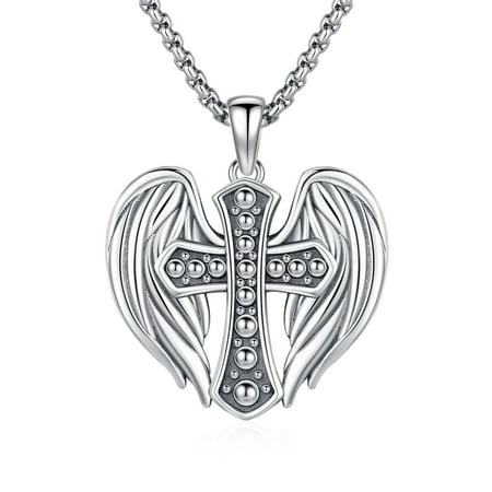 AOVEAO Heart Angel Wing Necklace 925 Sterling Silver Cross Pendant Necklaces Charms Guardian Jewelry Birthday Xmas Gift for Women Men Son