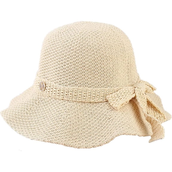 LinYooLi Summer Bow Knitted Fisherman Hat Wavy Wide Brim Women's Hat Summer Beach Sun Hat Sun Protection Sun Hat