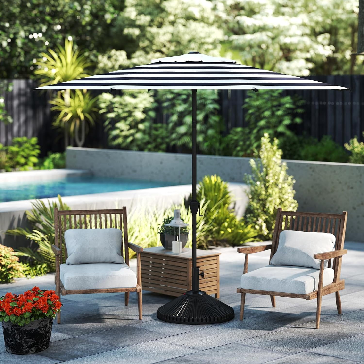 Abba Patio 9ft Outdoor Patio Umbrella w/ Push Button Tilt and Crank, 8 Ribs, Black & White Stripe
