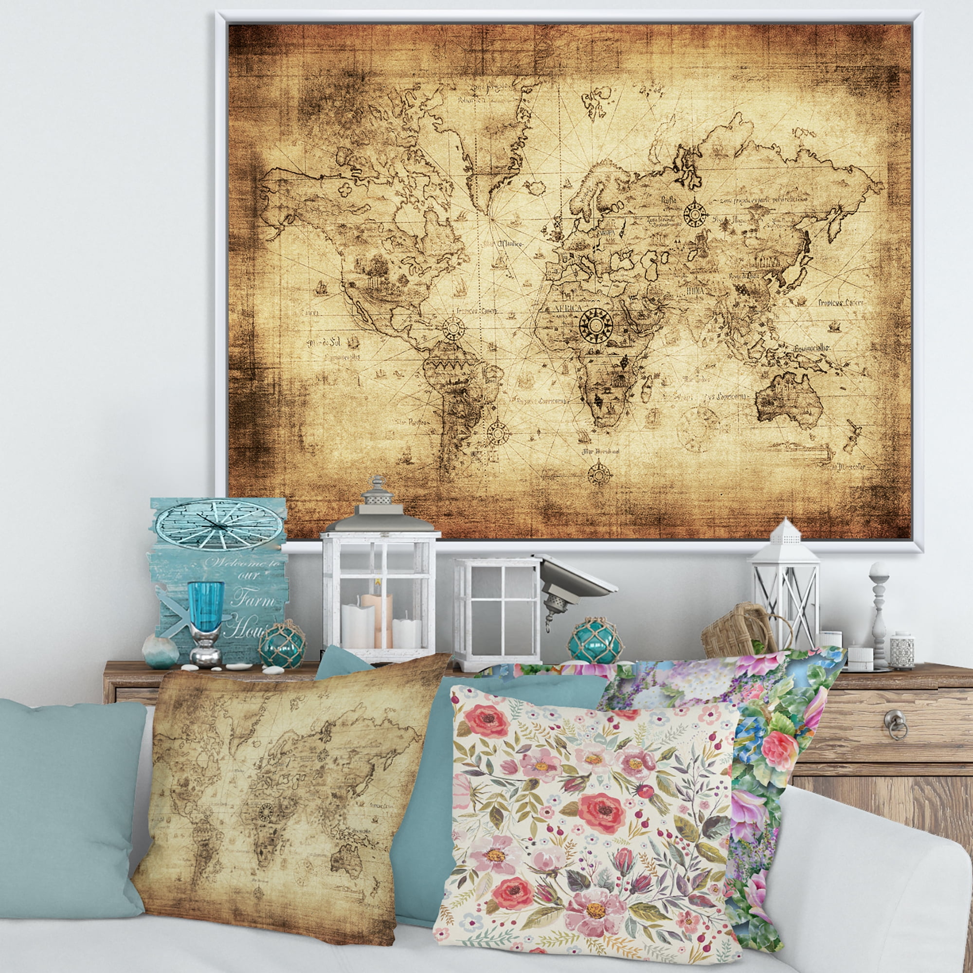 Designart 'Ancient World Map IV' Vintage Framed Canvas Wall Art Print
