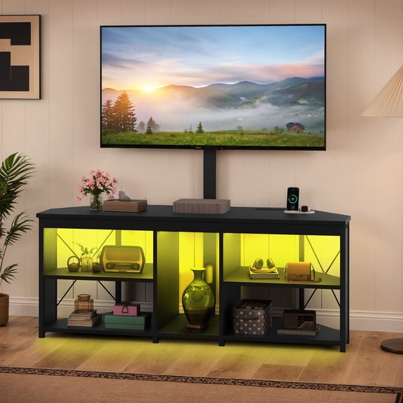 Uforic TV Stand with Mount for 32-70" TV, LED Entertainment Center with Power Outlets for Living Room, Black