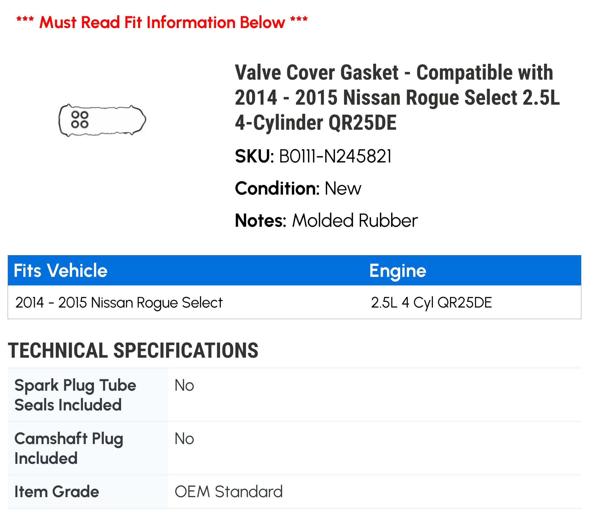 Valve Cover Gasket - Compatible with 2014 - 2015 Nissan Rogue Select 2.5L 4-Cylinder QR25DE