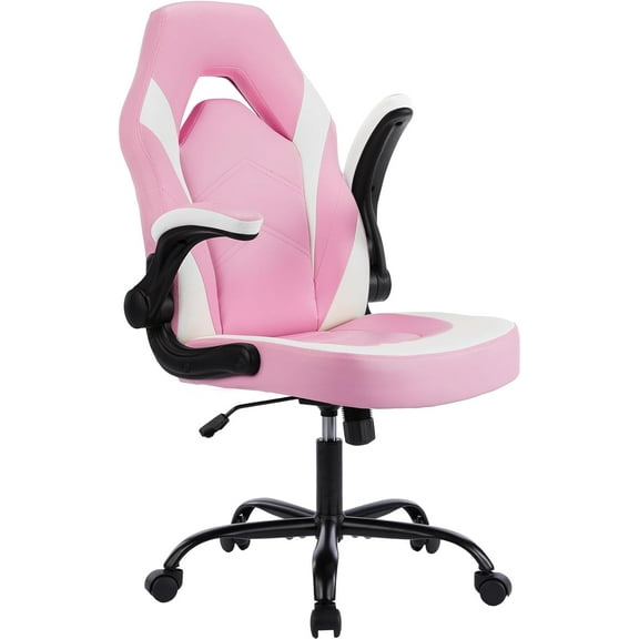 Gaming Ergonomic Office Chair for Adults, Height Adjustable Computer Desk Chair with Flip-up Armrests, PU Leather Swivel Video Game Chair with 360° Rolling Wheels, Pink