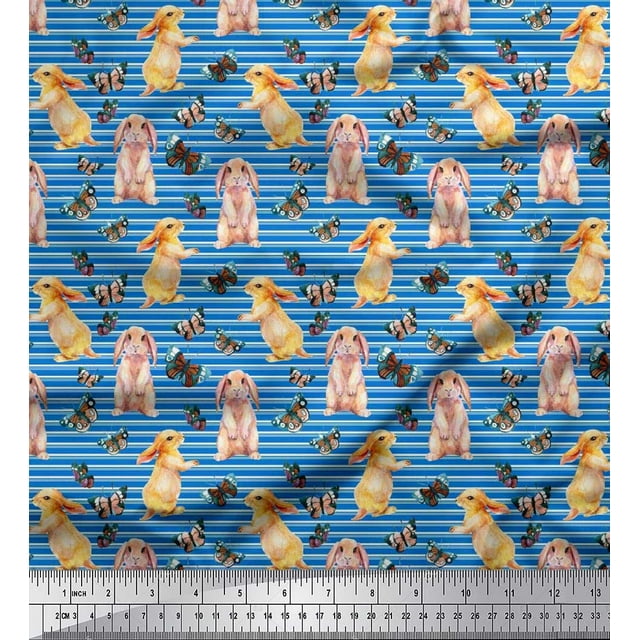 Soimoi Blue polyester Crepe Fabric Stripe,Insect & Bunny Animal Print Fabric by Yard 42 Inch Wide
