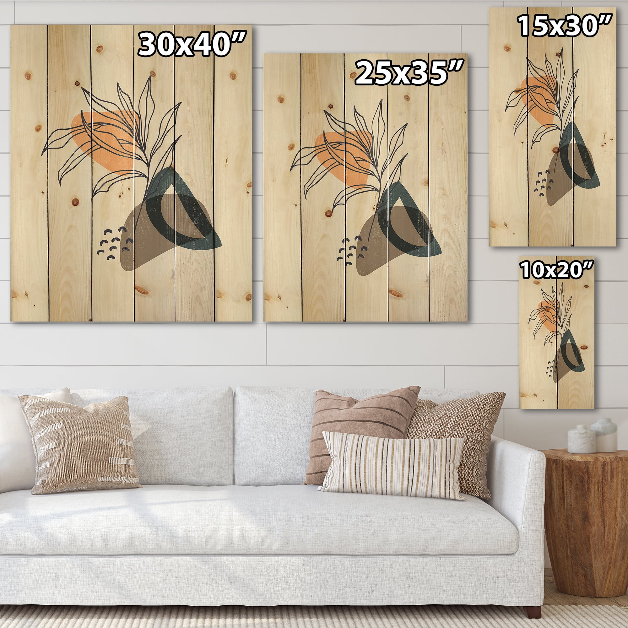 Designart 'Minimalist Shapes With Ancient Plant I' Modern Print on Natural Pine Wood